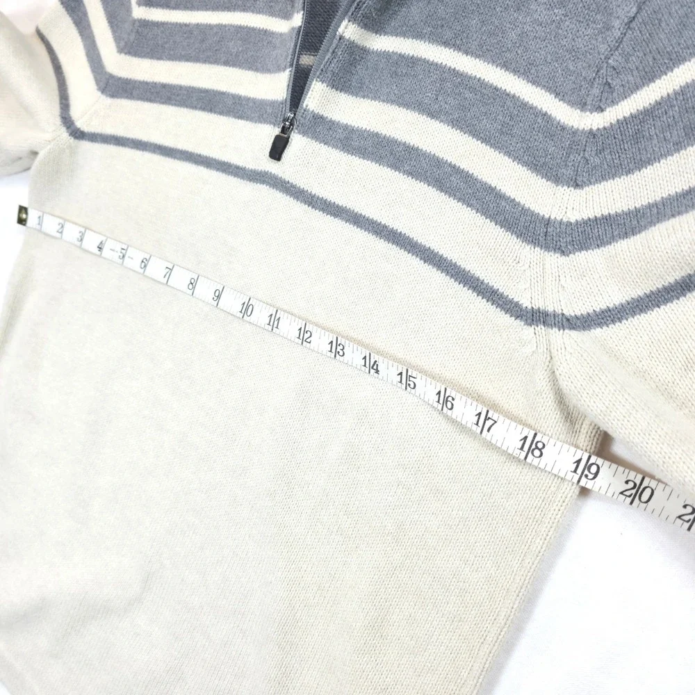 Eddie Bauer Mens Quarter Zip Sweater Small Grey Cream Striped 100% Cotton Knit